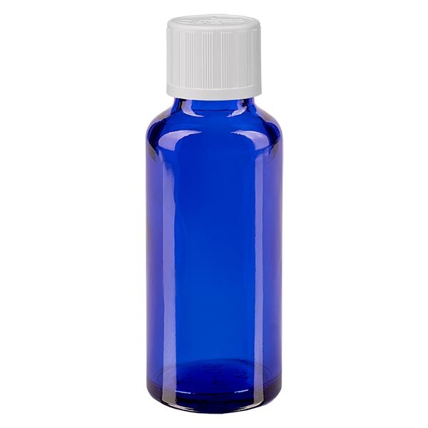 Blauwe glazen flessen 30ml met wit druppelsluiting kinderslot St