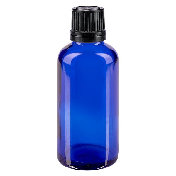 Blauwe glazen flessen 50ml met zwart druppelsluiting VR