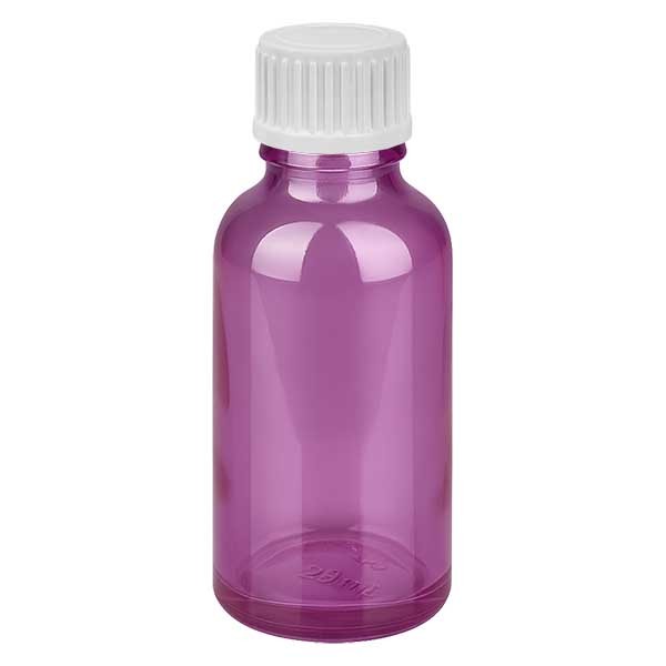 Flacon de 30 ml (globules) avec bouchon standard PurpleLine UT18/30 et anneau verseur blanc de 3 mm