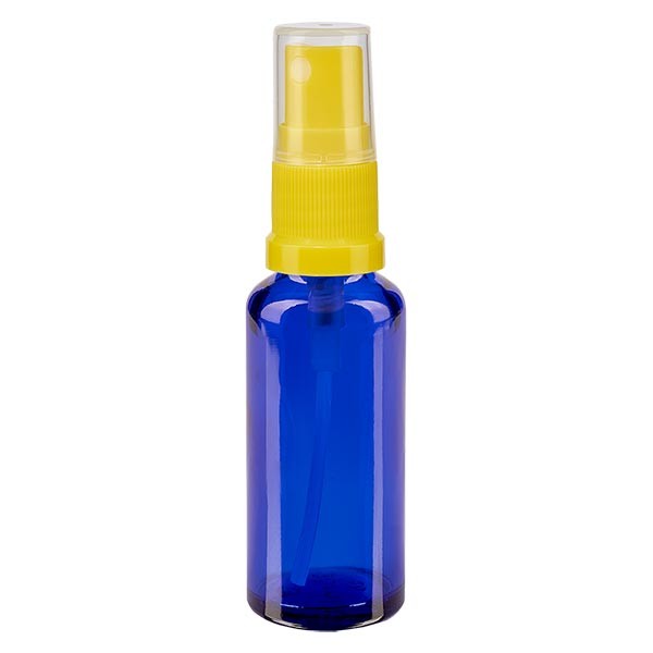 Blauwe glazen flessen 30ml met geel pompverstuiver