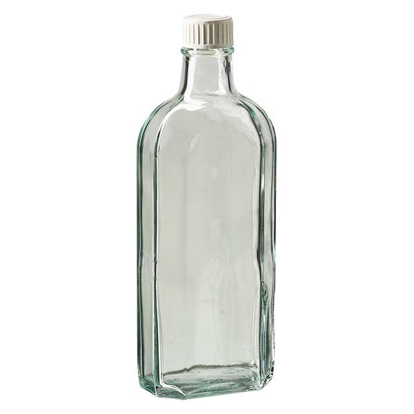 Flasque transparente de 250 ml au goulot DIN 22, avec bouchon à vis DIN 22 blanc en PP et joint mousse en PE