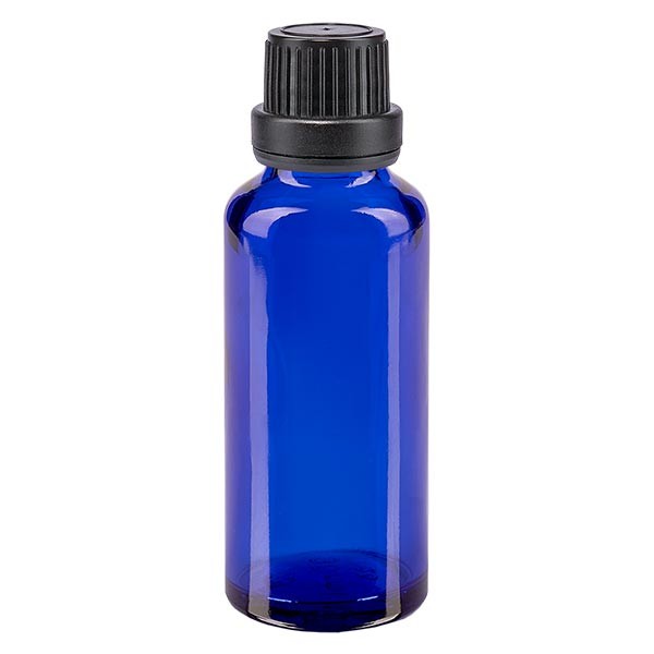 Blauwe glazen flessen 30ml met zwart schroefsluiting dicht. VR Premium