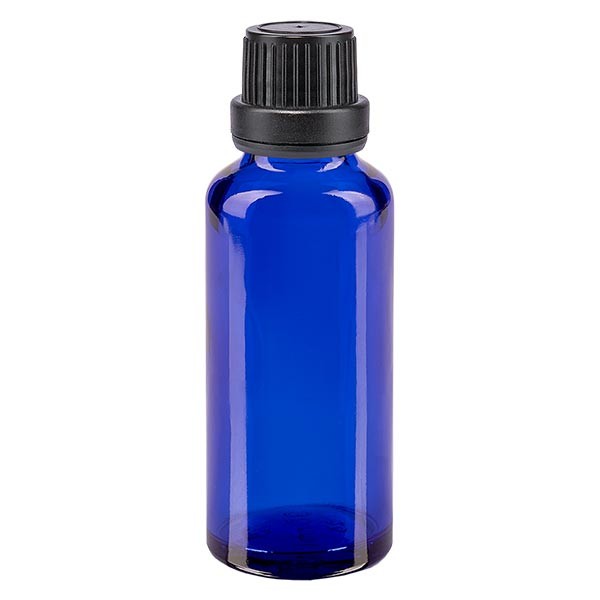 Flacon pharma. bleu 30 ml bouch. à vis noir étanche inviol.