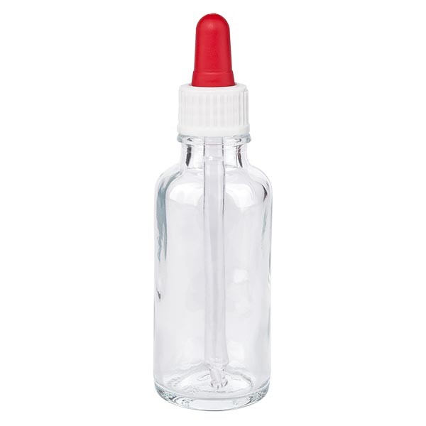 Flacon clair 30 ml + pipette rouge et blanche standard, bouteilles  TRANSPARENTES, Flacons à pipette, Verre