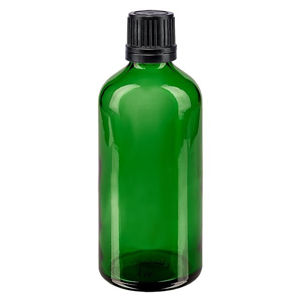 Flacon pharma. vert 100 ml bouch. à vis noir bague anti-g. inviolable