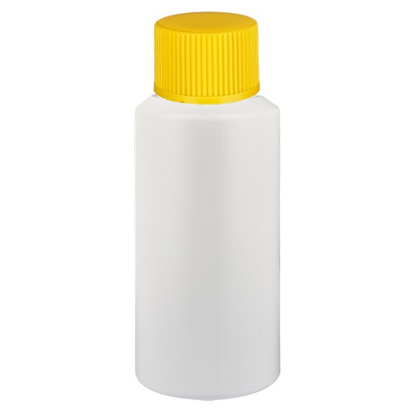 PET cilinderfles 25ml wit met schroefsluiting geel