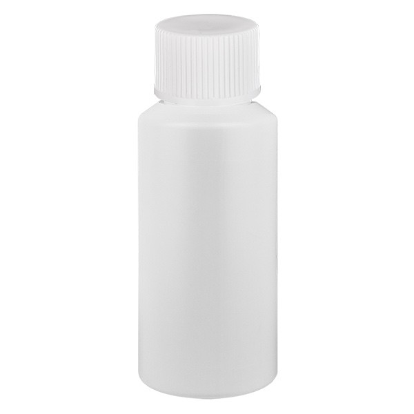 Flacon cylindrique en PET blanc 30 ml, S20x3, avec bouchon