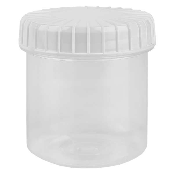 Pot en plastique transparent 75 ml + couvercle à vis blanc strié en PE, fermeture standard