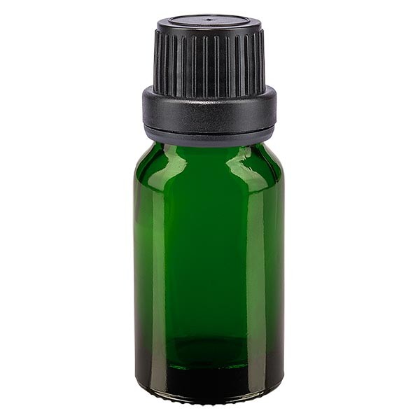 Flacon pharma. vert 10 ml bouch. à vis noir étanche inviol.