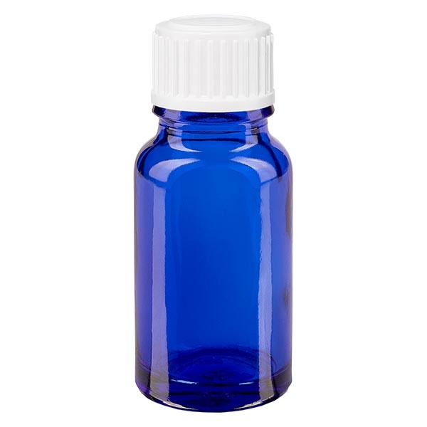 Blauwe glazen flessen 10ml, wit schroefsluiting met globuli uitgietring