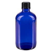 Blauwe glazen flessen 100ml met zwart schroefsluiting St Blauwe glazen flessen 100ml met zwart schroefsluiting St