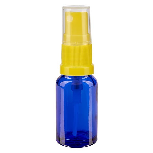 Blauwe glazen flessen 10ml met geel pompverstuiver