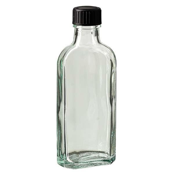 Flasque transparente de 100 ml au goulot DIN 22, avec bouchon à vis DIN 22 noir et joint LKD