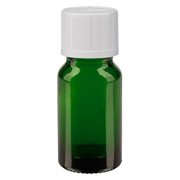 Flacon pharmaceutique vert 10 ml bouchon compte-gouttes blanc séc. enf. standard