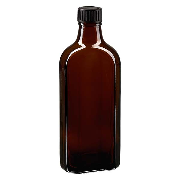 200 ml bruine meplatfles met DIN 22 monding, inclusief schroefsluiting DIN 22 zwart van LKD