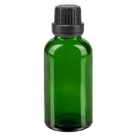 Groenen glazen flessen 30ml met zwart schroefsluiting dicht. VR Groenen glazen flessen 30ml met zwart schroefsluiting dicht. VR