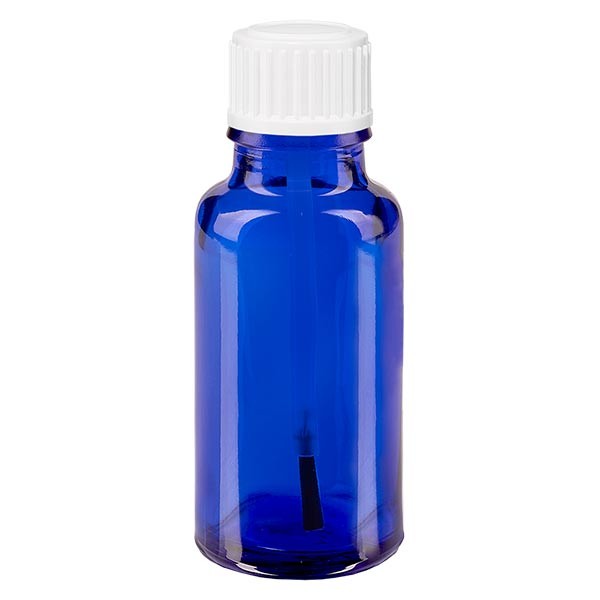 Blauwe glazen flessen 20ml met wit schroefsluiting kwastje 18mm VR