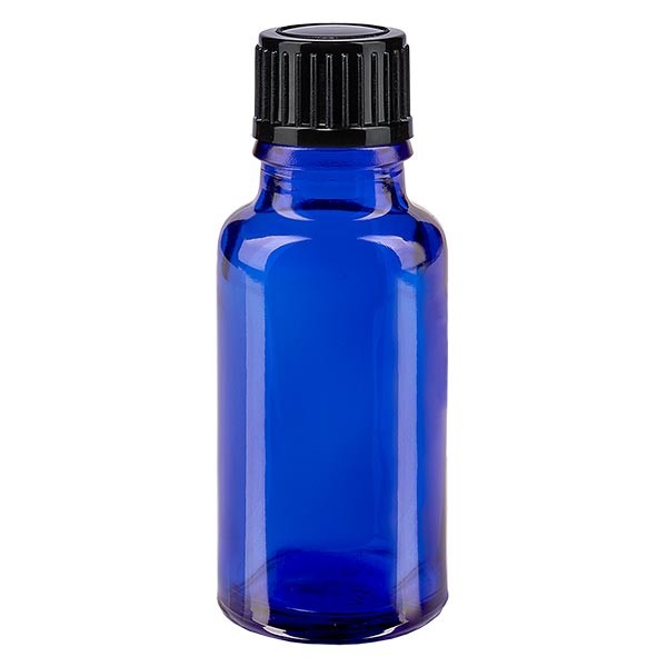 Flacon pharma. bleu 20 ml bouch. à vis noir inviolable