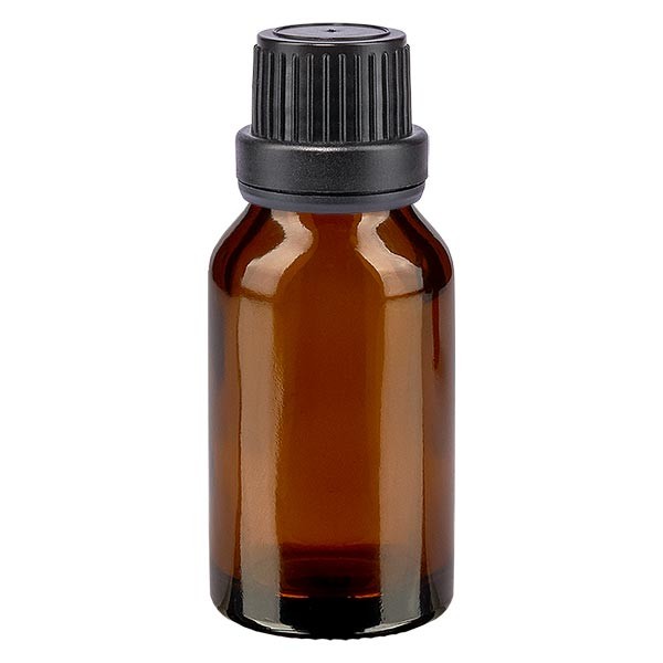 Flacon pharma. ambre 15 ml bouch. à vis noir étanche inviol.