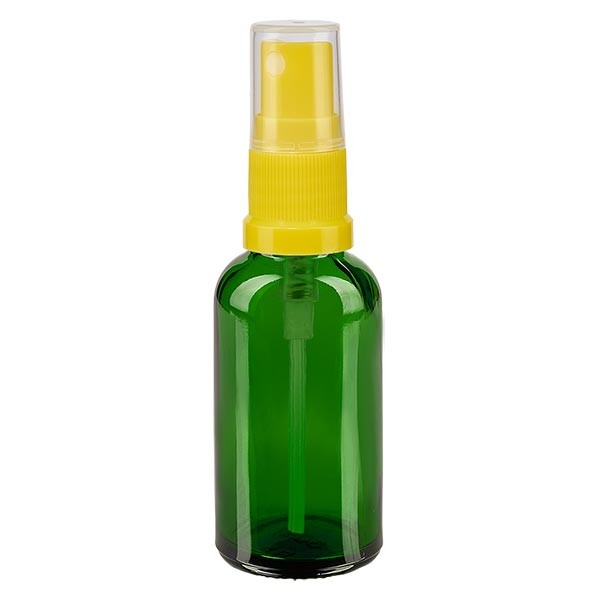 Flacon compte-gouttes vert 30 ml, DIN18 avec spray