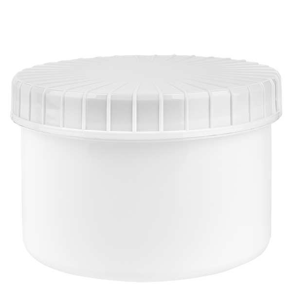 Pot en plastique blanc 250 ml + couvercle à vis blanc strié en PE, fermeture standard