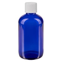 Blauwe glazen flessen 100ml met wit schroefsluiting kinderslot St Blauwe glazen flessen 100ml met wit schroefsluiting kinderslot St
