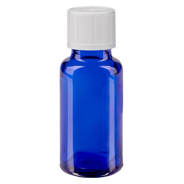 Flacon pharmaceutique bleu 20 ml bouchon á vis blanc séc. enf. standard