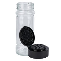 Glazen kruidenpotje cilindervorm 100 ml met 41 mm schroefdraad, helder glas incl. strooi-schroefsluiting zwart Glazen kruidenpotje cilindervorm 100 ml met 41 mm schroefdraad, helder glas incl. strooi-schroefsluiting zwart