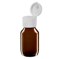 50ml Euro-medicijnfles / siroopfles bruin met witte klapsluiting 50ml Euro-medicijnfles / siroopfles bruin met witte klapsluiting