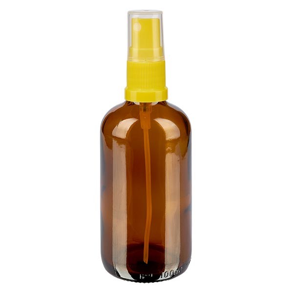Flacon compte-gouttes ambré 100 ml avec vaporisateur à pompe jaune
