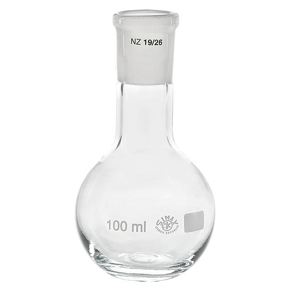 Platbodem kolf 100ml nauwe hals borosilicaat met slijpstuk 19/26