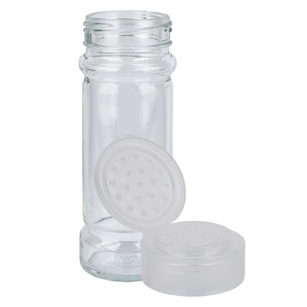 Specerijenglas, cilindervorm 100 ml met 41 mm schroefdraad, helder glas, incl. strooi-schroefsluiting transparant