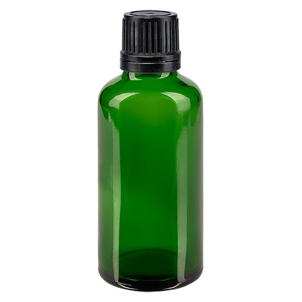 Flacon pharmaceutique vert 50 ml bouchon compte-gouttes noir bague inviolable