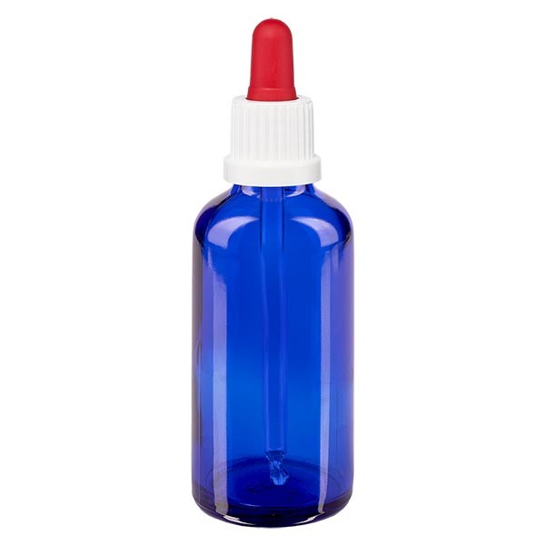 Flacon bleu 50 ml + pipette rouge et blanche à système d'inviolabilité, bouteilles BLEUES, Flacons à pipette, Verre