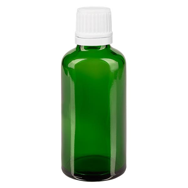 Groenen glazen flessen 50ml met wit druppelsluiting 1.2mm VR