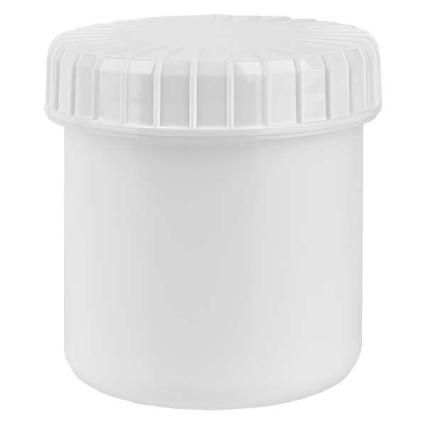 Pot en plastique blanc 75 ml + couvercle à vis blanc strié en PE, fermeture standard