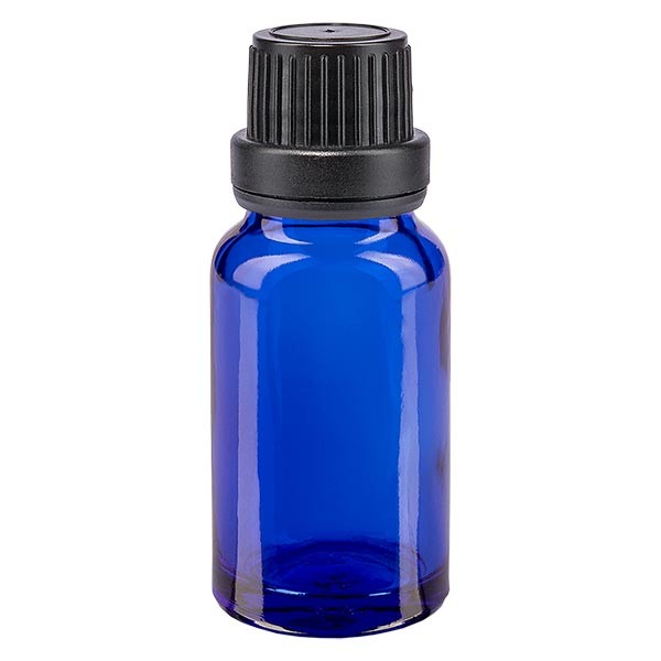 Blauwe glazen flessen 10ml met zwart druppelstop OV