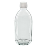 500 ml Euro medicijnfles helder met witte schroefsluiting met garantiesluiting (OV) met PTFE inzet 500 ml Euro medicijnfles helder met witte schroefsluiting met garantiesluiting (OV) met PTFE inzet