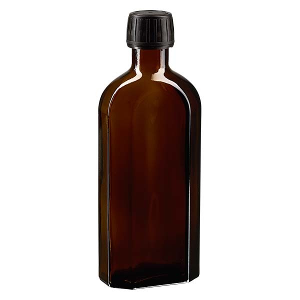 Flasque brune de 250 ml au goulot PP 28, avec bouchon à vis PP 28 noir, joint en PEE et système d’inviolabilité