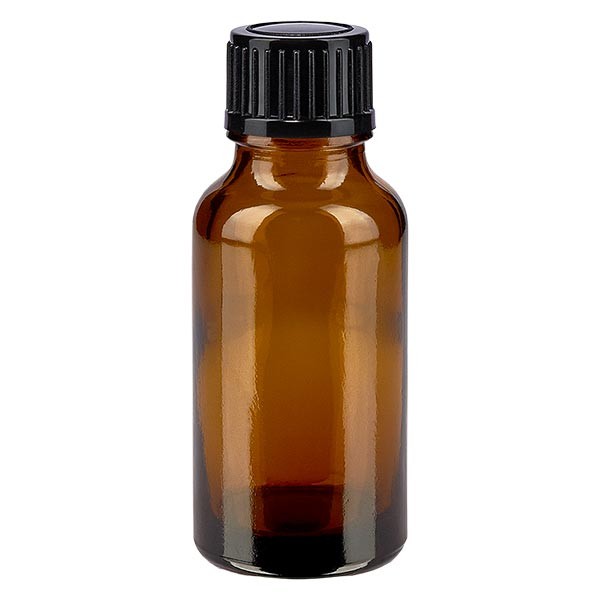 Flacon pharma. ambre 20 ml bouch. à vis noir inviolable