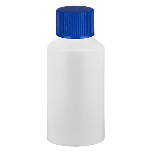 PET cilinderfles 50ml wit met schroefsluiting blauw