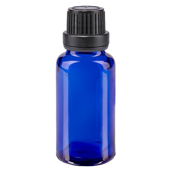 Flacon pharma. bleu 20 ml bouch. à vis noir étanche inviol.