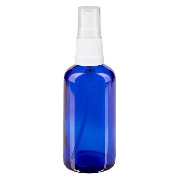 Flacon compte-gouttes bleu 50 ml avec vaporisateur à pompe blanc