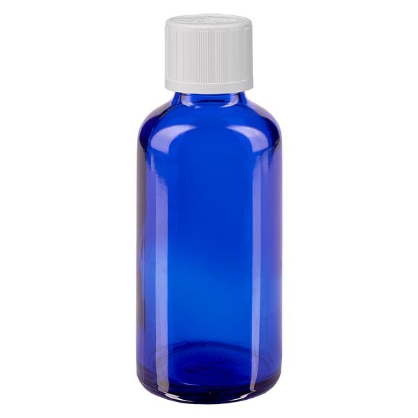 Blauwe glazen flessen 50ml met wit schroefsluiting kinderslot St