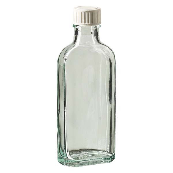 Flasque transparente de 100 ml au goulot DIN 22, avec bouchon à vis DIN 22 blanc en PP et joint mousse en PE