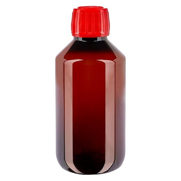 PET medicijnfles 200ml bruin (Veral fles) PP28, met rood OV