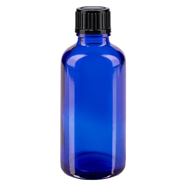 Blauwe glazen flessen 50ml met zwart druppelsluiting 1mm St