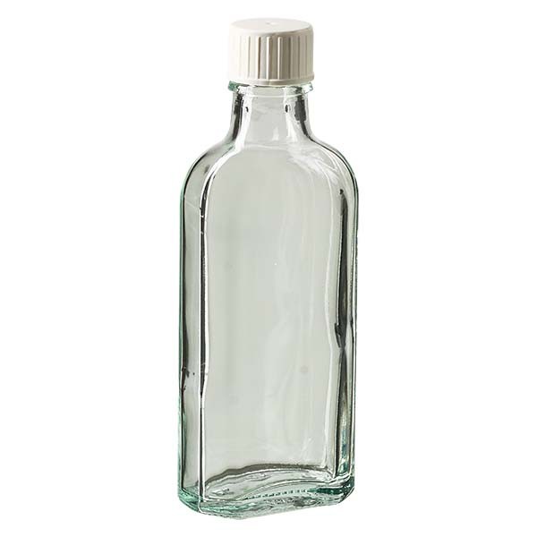 Flasque transparente de 100 ml au goulot DIN 22, avec bouchon à vis DIN 22 blanc et bague anti-gouttes