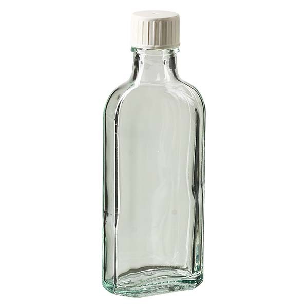 100 ml witte meplatfles met DIN 22 monding, inclusief schroefsluiting DIN 22 wit met gietring