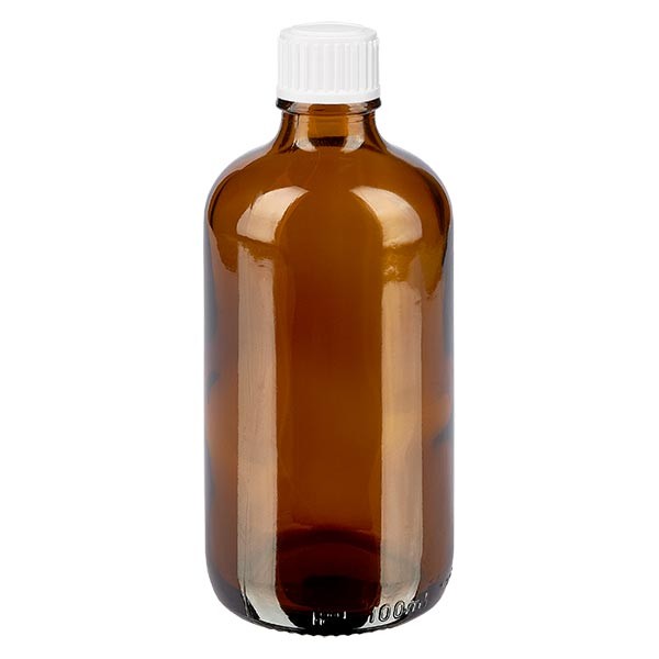 Bruine glazen fles 100ml met wit druppelsluiting 0.8mm St